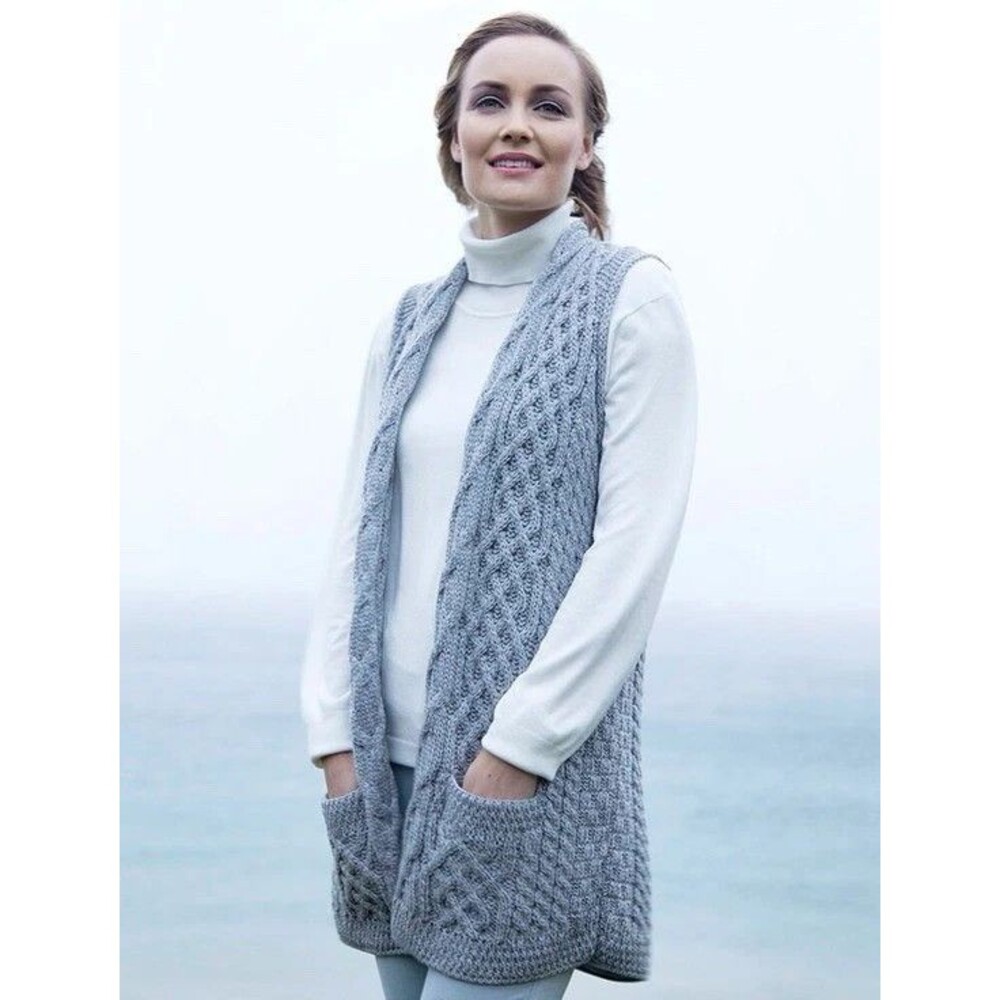 Kilronan Merino Wool Aran Cable Knit Fisherman Cardigan Vest M Ireland